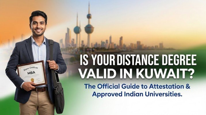 Banner for Distance Education in Kuwait, showing an Indian professional with a degree.